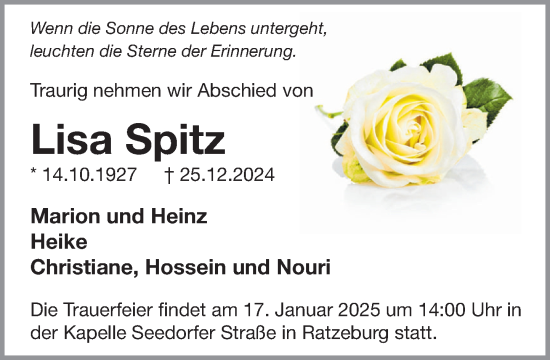Traueranzeige von Lisa Spitz von MARKT Ratzeburg/Mölln