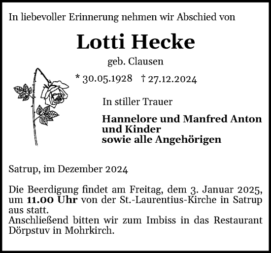 Traueranzeige von Lotti Hecke von Flensburger Tageblatt