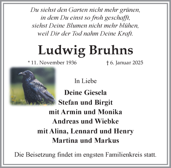 Traueranzeige von Ludwig Bruhns von MARKT Ratzeburg/Mölln