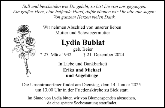 Traueranzeige von Lydia Bublat von MARKT Ahrensburg/Bargteheide/Trittau und Stormarner Tageblatt