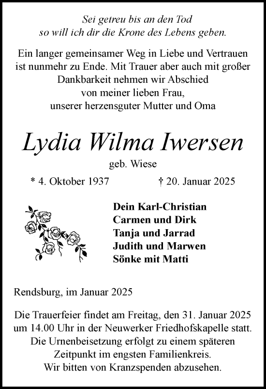 Traueranzeige von Lydia Wilma Iwersen von Schleswig-Holsteinische Landeszeitung