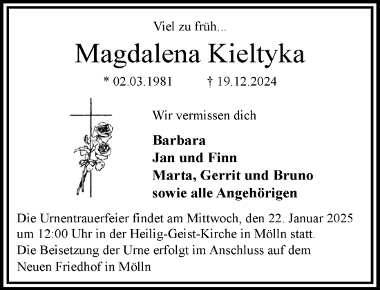 Traueranzeige von Magdalena Kieltyka von MARKT Ratzeburg/Mölln