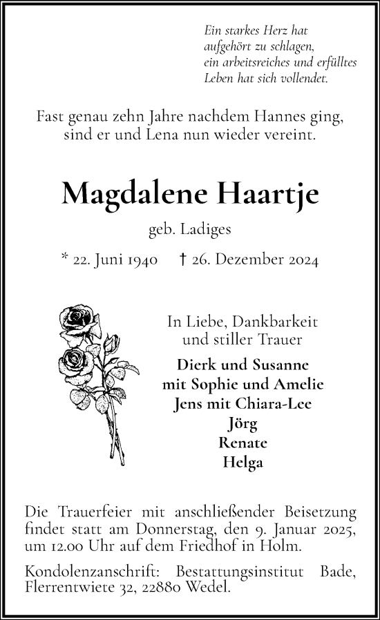 Traueranzeige von Magdalene Haartje von Region Pinneberg und tip Pinneberg