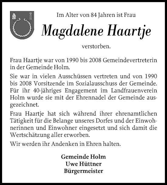 Traueranzeige von Magdalene Haartje von Wedel-Schulauer Tageblatt, tip Wedel-Schulauer Tageblatt, tip Rissener Rundschau