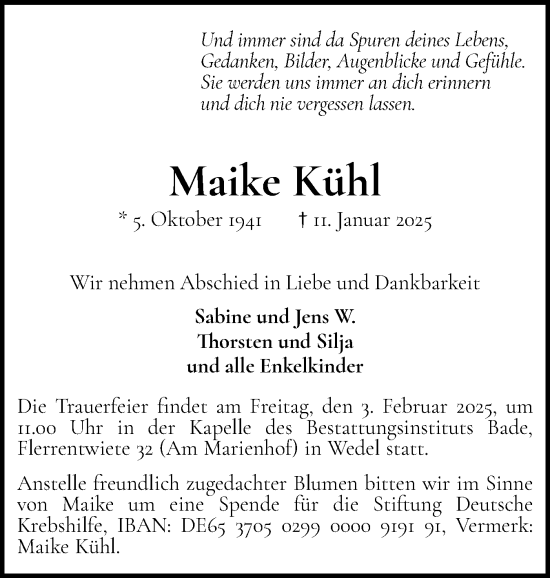 Traueranzeige von Maike Kühl von Wedel-Schulauer Tageblatt, tip Wedel-Schulauer Tageblatt, tip Rissener Rundschau