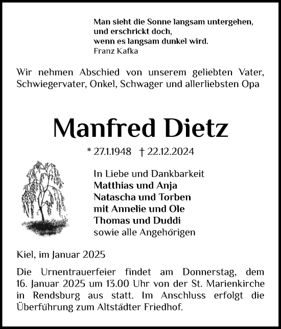 Traueranzeige von Manfred Dietz von Schleswig-Holsteinische Landeszeitung
