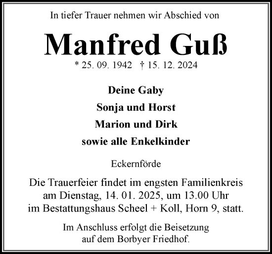 Traueranzeige von Manfred Guß von Eckernförder Zeitung, Hallo Eckernförde