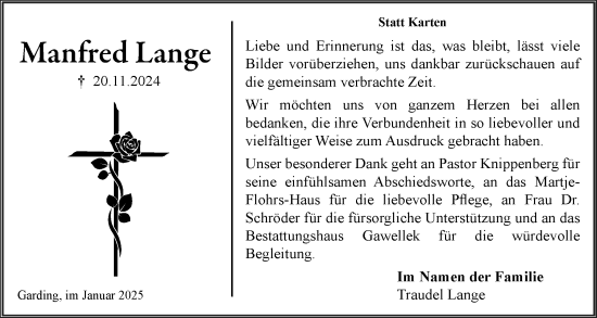 Traueranzeige von Manfred Lange von Husumer Nachrichten, Nordfriesland Tageblatt