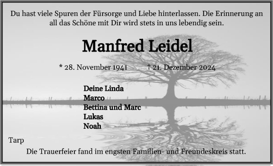 Traueranzeige von Manfred Leidel von Flensburger Tageblatt