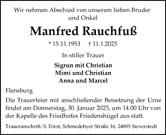 Traueranzeige von Manfred Rauchfuß von Region Flensburg