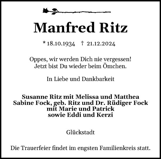 Traueranzeige von Manfred Ritz von Norddeutsche Rundschau, Wilstersche Zeitung, Glückstädter Fortuna