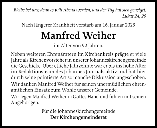 Traueranzeige von Manfred Weiher von Holsteinischer Courier