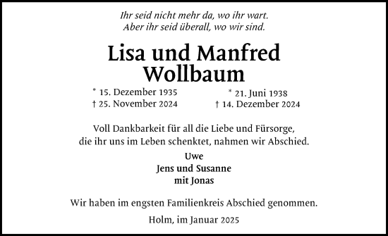 Traueranzeige von Manfred Wollbaum von Uetersener Nachrichten, Der tip am Wochenende