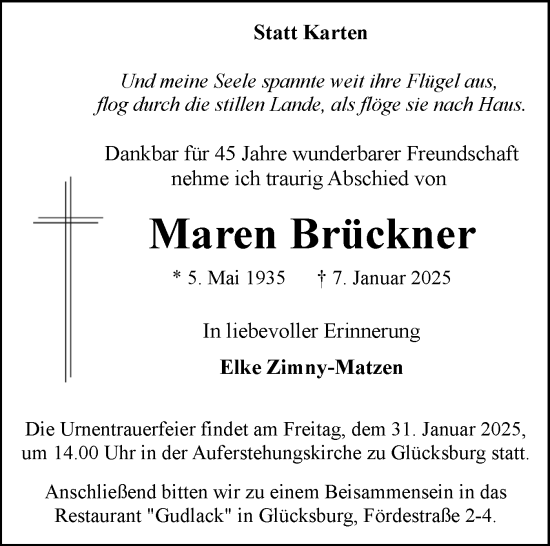 Traueranzeige von Maren Brückner von Husumer Nachrichten, Nordfriesland Tageblatt