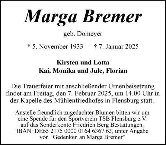 Traueranzeige von Marga Bremer von Eckernförder Zeitung, Hallo Eckernförde