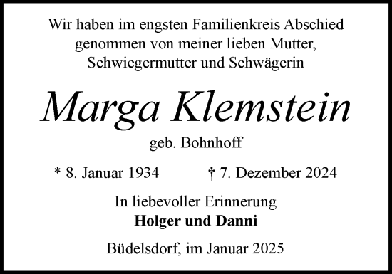 Traueranzeige von Marga Klemstein von Schleswig-Holsteinische Landeszeitung