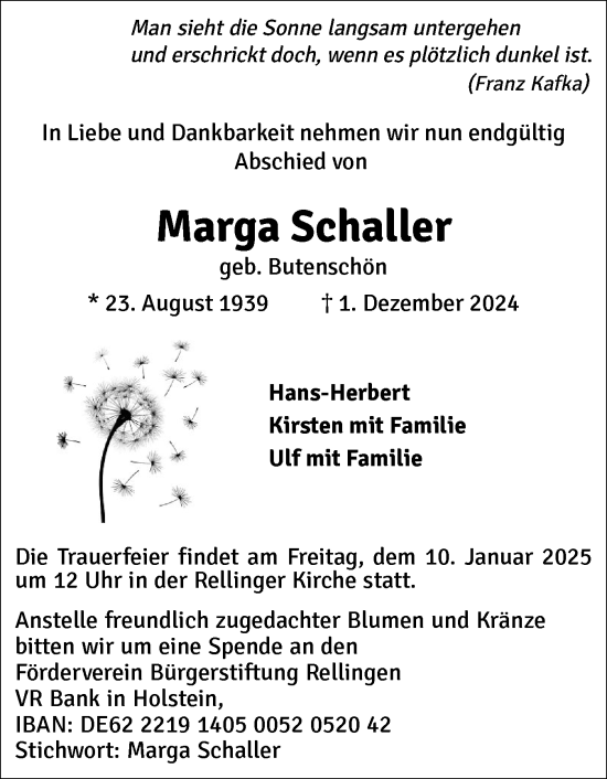 Traueranzeige von Marga Schaller von Region Pinneberg und tip Pinneberg