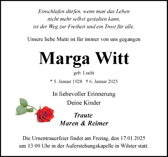 Traueranzeige von Marga Witt von Norddeutsche Rundschau, Wilstersche Zeitung, Glückstädter Fortuna