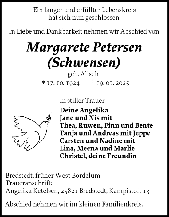Traueranzeige von Margarete Petersen von Husumer Nachrichten, Nordfriesland Tageblatt