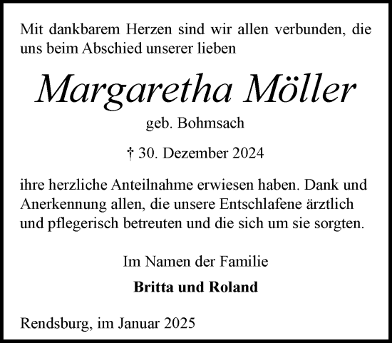 Traueranzeige von Margaretha Möller von Schleswig-Holsteinische Landeszeitung