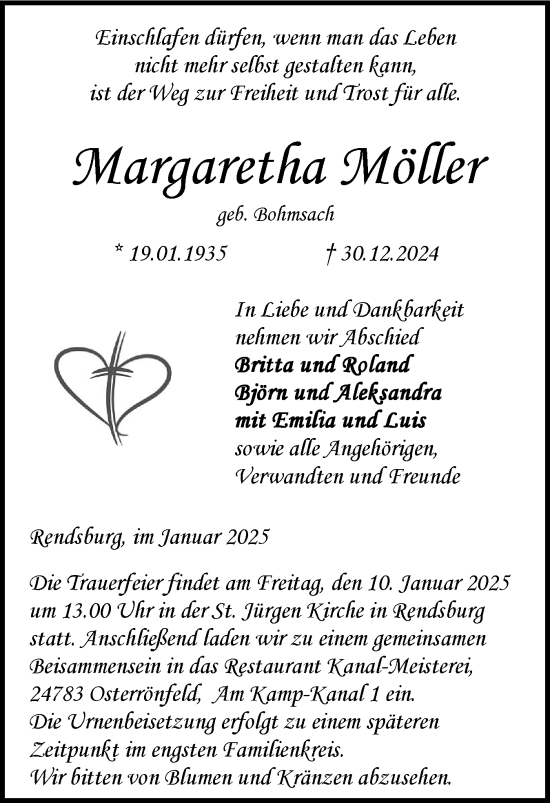 Traueranzeige von Margaretha Möller von Schleswig-Holsteinische Landeszeitung