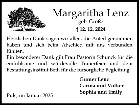 Traueranzeige von Margaritha Lenz von Norddeutsche Rundschau, Wilstersche Zeitung, Glückstädter Fortuna