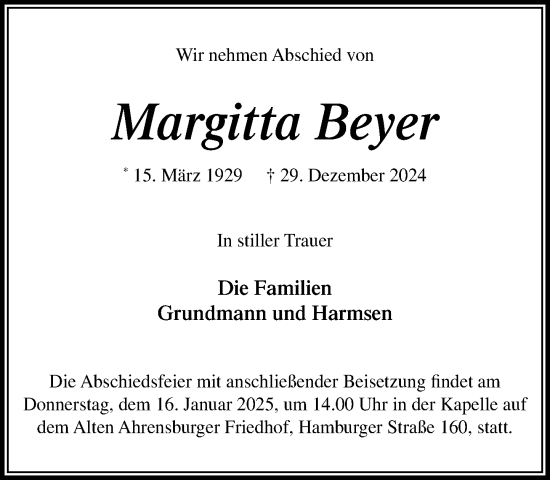 Traueranzeige von Margitta Beyer von MARKT Ahrensburg/Bargteheide/Trittau und Stormarner Tageblatt