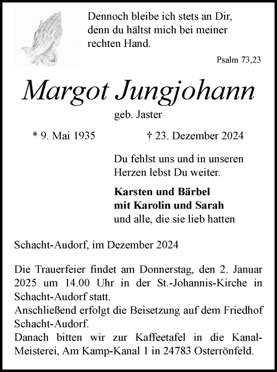 Traueranzeige von Margot Jungjohann von Schleswig-Holsteinische Landeszeitung