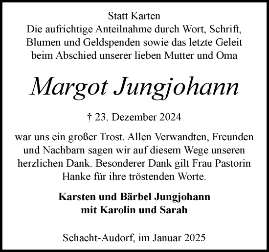 Traueranzeige von Margot Jungjohann von Schleswig-Holsteinische Landeszeitung