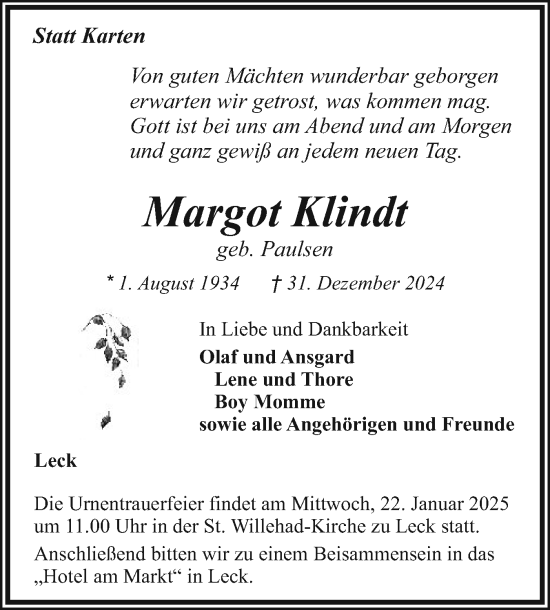 Traueranzeige von Margot Klindt von Husumer Nachrichten, Nordfriesland Tageblatt