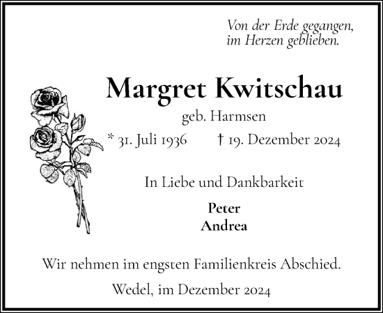 Traueranzeige von Margret Kwitschau von Wedel-Schulauer Tageblatt, tip Wedel-Schulauer Tageblatt, tip Rissener Rundschau