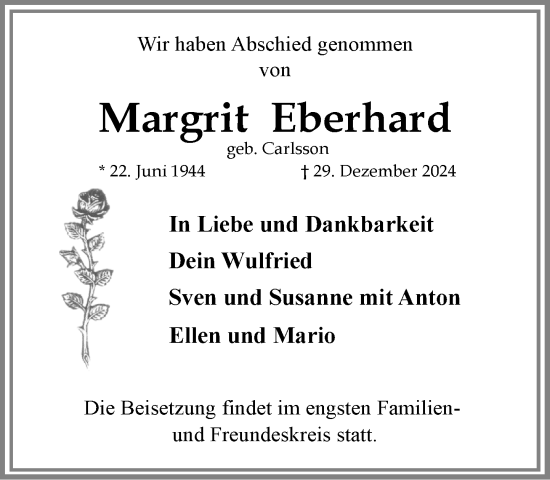 Traueranzeige von Margrit Eberhard von MARKT Ratzeburg/Mölln