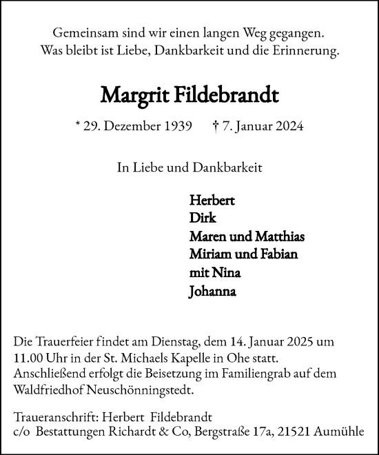 Traueranzeige von Margrit Fildebrandt von MARKT Glinde/Reinfeld