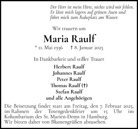 Traueranzeige von Maria Raulf von Region Pinneberg und tip Pinneberg