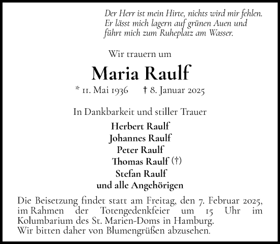 Traueranzeige von Maria Raulf von Umschau