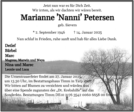Traueranzeige von Marianne Petersen von Flensburger Tageblatt