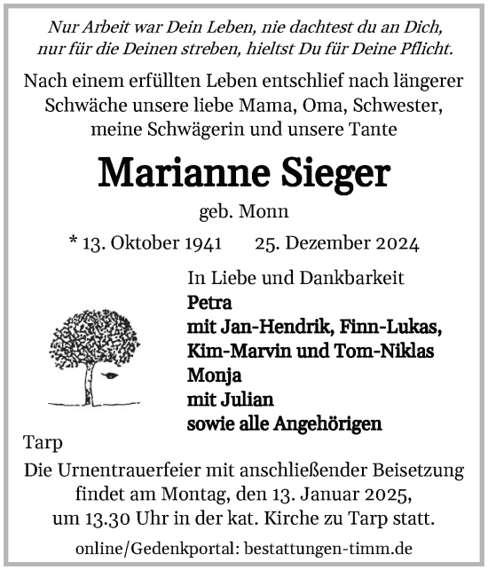 Traueranzeige von Marianne Sieger von Flensburger Tageblatt