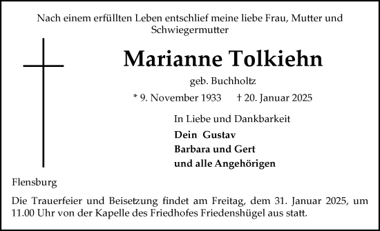 Traueranzeige von Marianne Tolkiehn von Flensburger Tageblatt