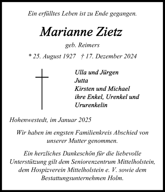 Traueranzeige von Marianne Zietz von Schleswig-Holsteinische Landeszeitung
