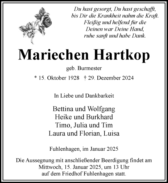 Traueranzeige von Mariechen Hartkop von Wochenend Anzeiger