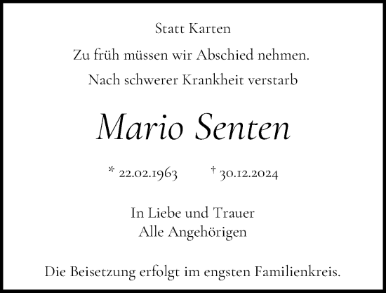Traueranzeige von Mario Senten von Eckernförder Zeitung, Hallo Eckernförde