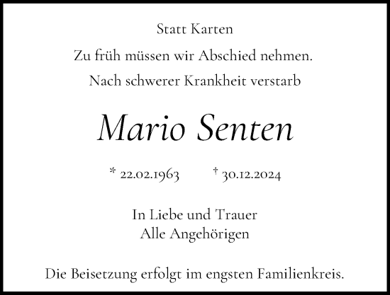 Traueranzeige von Mario Senten von Husumer Nachrichten, Nordfriesland Tageblatt