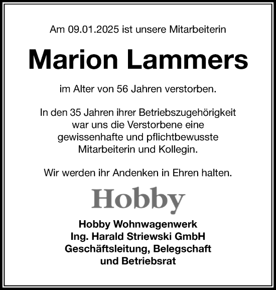 Traueranzeige von Marion Lammers von Schleswig-Holsteinische Landeszeitung