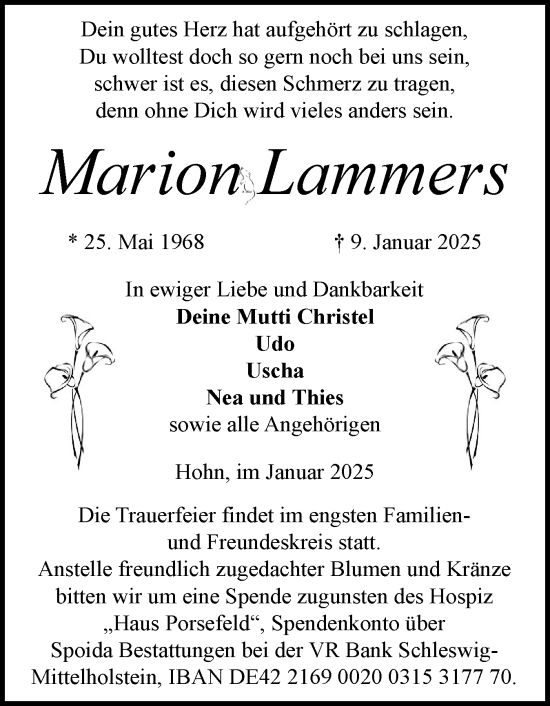 Traueranzeige von Marion Lammers von Schleswig-Holsteinische Landeszeitung