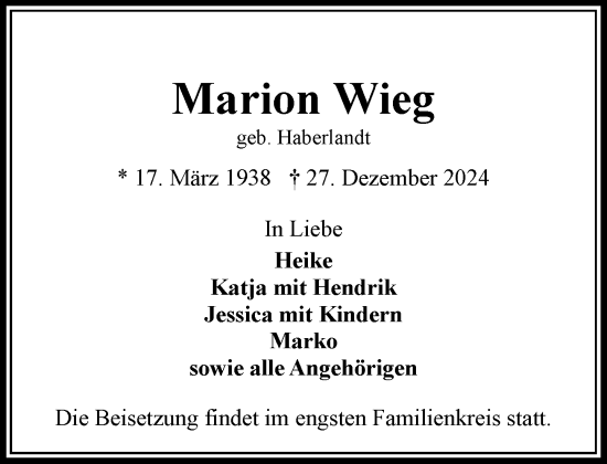 Traueranzeige von Marion Wieg von Wochenend Anzeiger