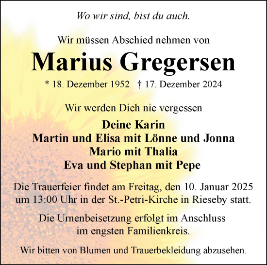 Traueranzeige von Marius Gregersen von Eckernförder Zeitung, Hallo Eckernförde