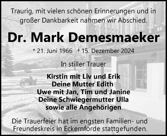Traueranzeige von Mark Demesmaeker von Hallo Eckernförde