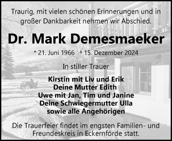 Traueranzeige von Mark Demesmaeker von Eckernförder Zeitung, Hallo Eckernförde