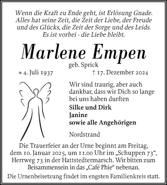 Traueranzeige von Marlene Empen von Husumer Nachrichten, Nordfriesland Tageblatt