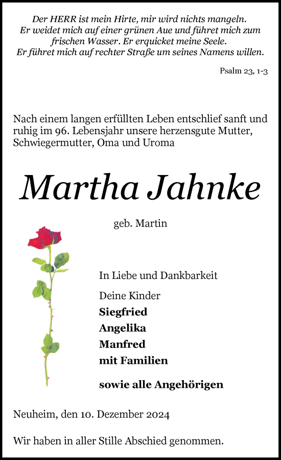 Traueranzeige von Martha Jahnke von Schleswiger Nachrichten, Schlei-Bote